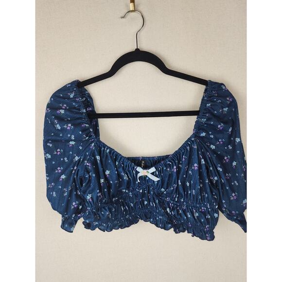 For Love & Lemons Tops - For love & lemons Top Xl Blue floral Pointelle Lola croquette puffed sleeve